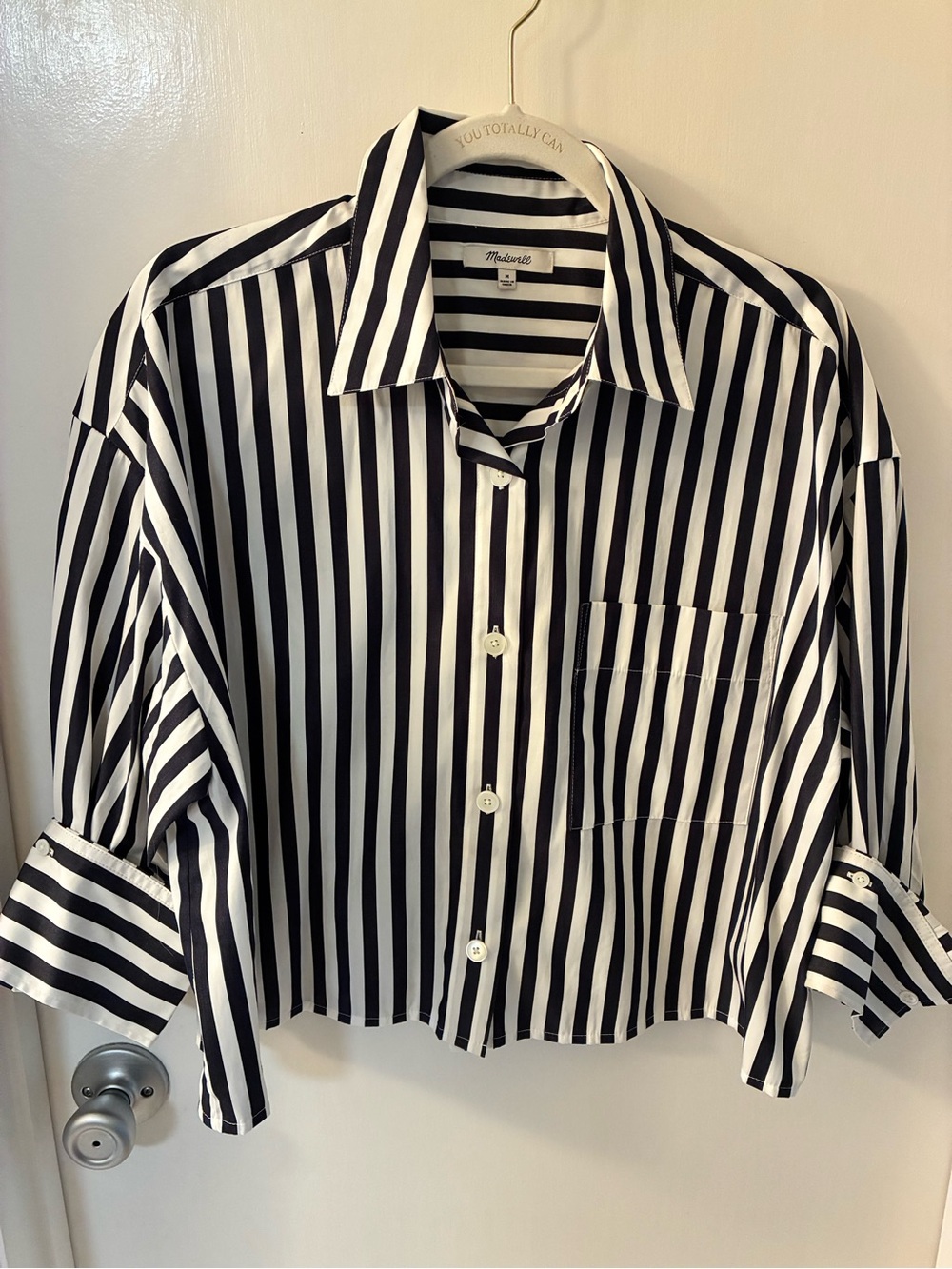 Madewell Black and White Vertical Stripe Crop Button-Down